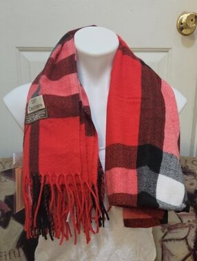 Sky Cashnere Virgin Wool Red and Black Plaid Cashmere Scarf